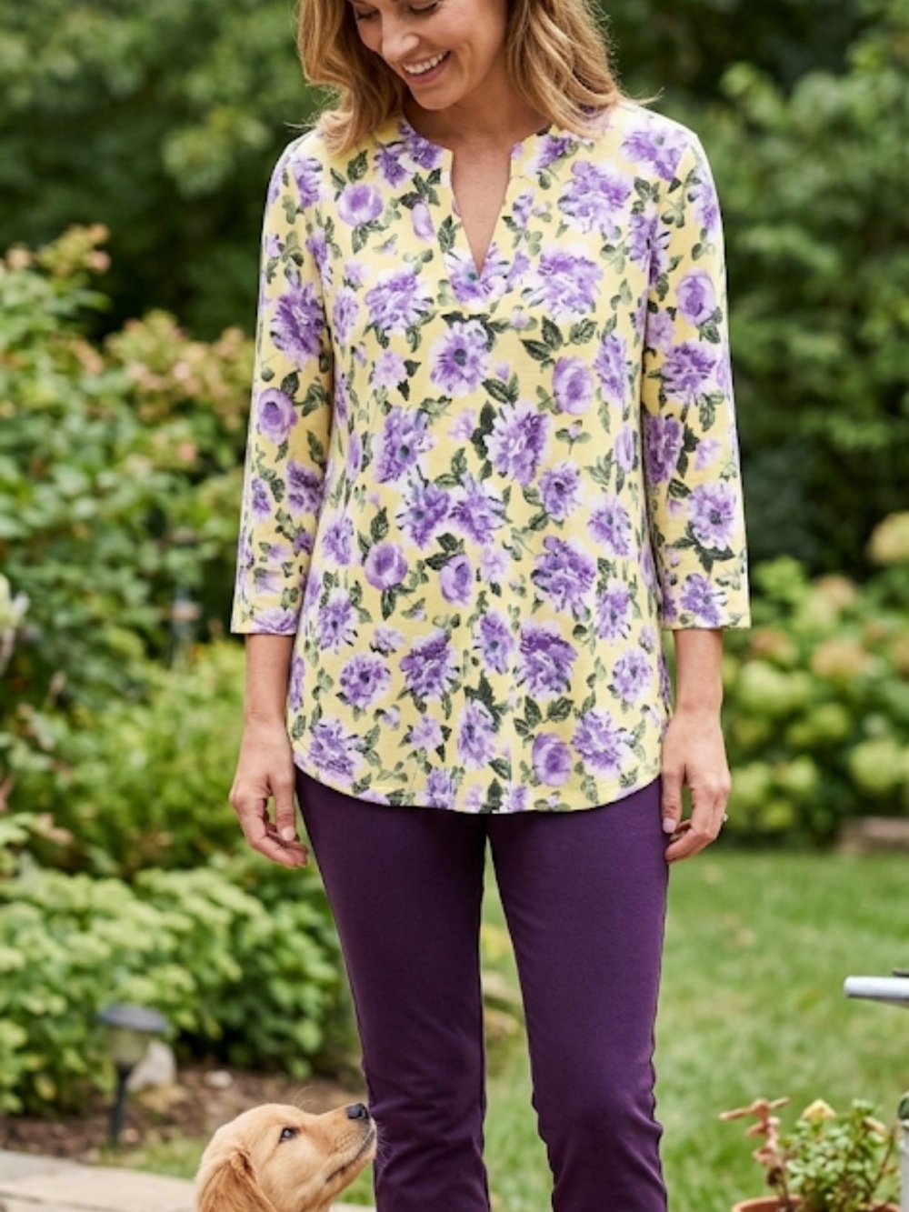 Dear Scarlett nwt Yellow Floral Tunic with Purple Blooms ptp 22